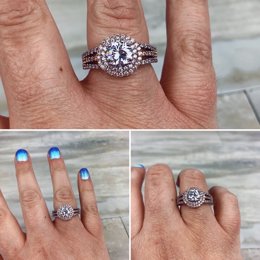 Two Tone Rose Gold Silver Double Halo Round Split Shank Pavé Engagement Ring 7 - Picture 13 of 17
